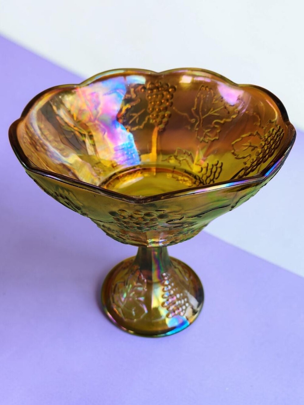 Vtg Indiana Glass Marigold Carnival Glass Harvest Grape Compote Pedestal Bowl